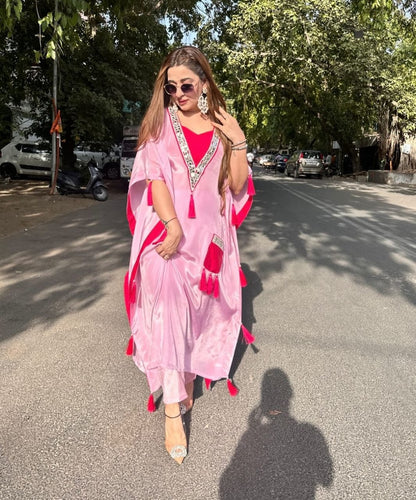 LAVISH PINK V-NECK KAFTAN WITH TASSELS